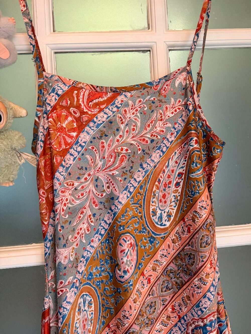 VRG GRL Paisley Print Satin Maxi Dress with Adjustable Straps
